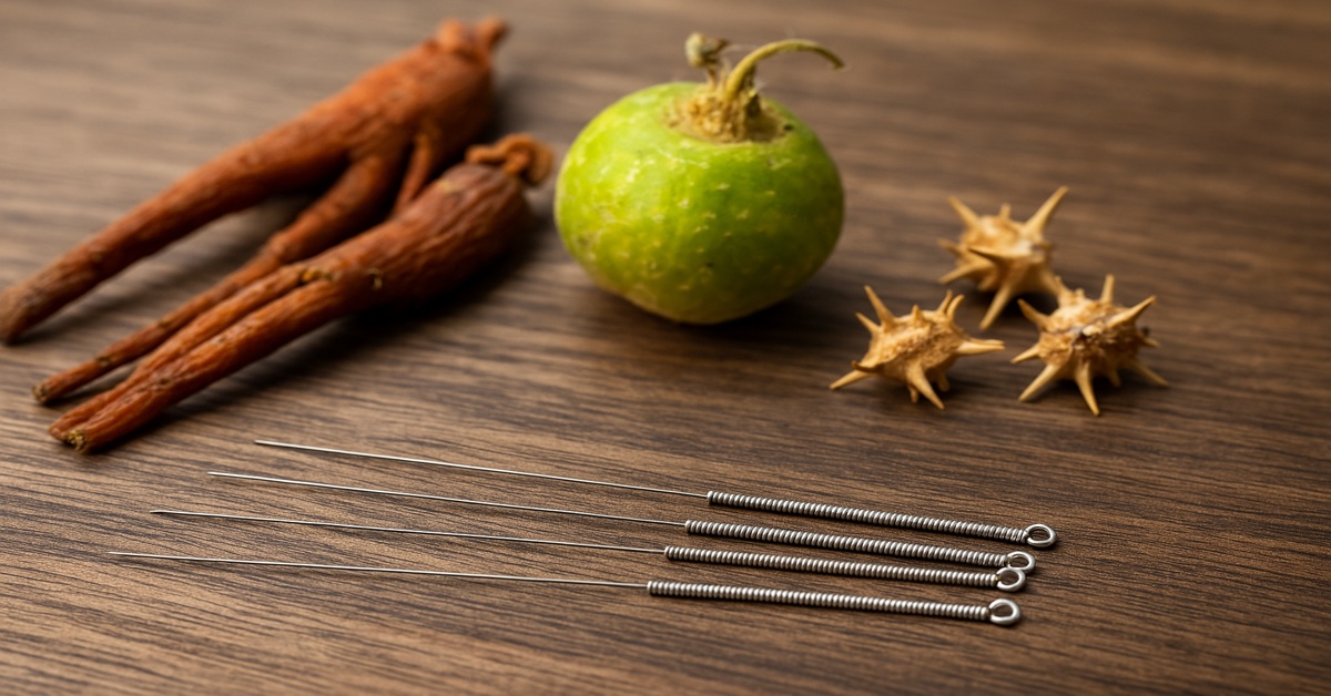 mesa con agujas de acupuntura y hierbas medicinales