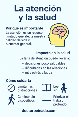 Infografía sobre la relación entre atención y salud en hombres: impacto, riesgos y consejos prácticos elaborados por Doctor Peinado