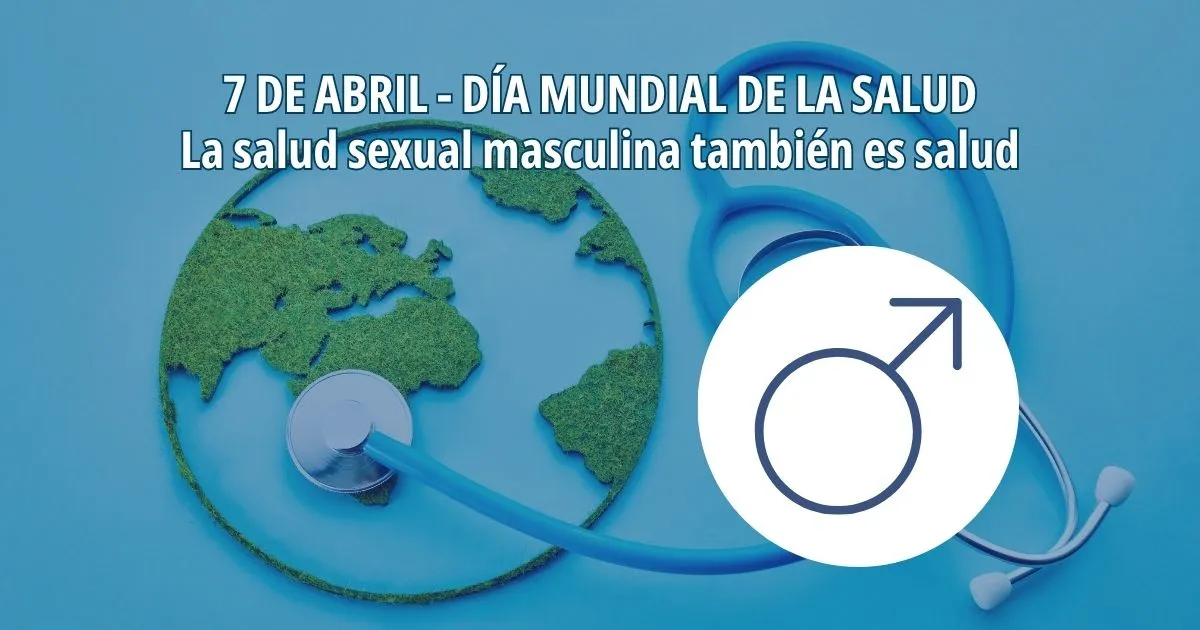 Día mundial de la salud simbolizado por un estetoscopio alrededor del mundo y signo del sexo masculino
