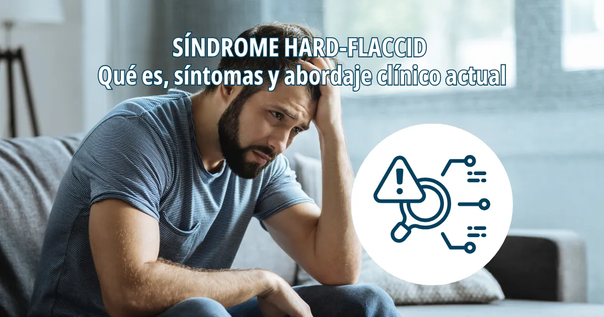 hombre con gesto preocupado sobre el síndrome Hard-Flaccid y símbolo multifactorial