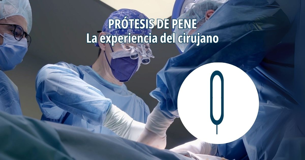 Texto alternativo de la imagen: equipo de cirujanos operando, texto y elemento gráfico de prótesis de pene