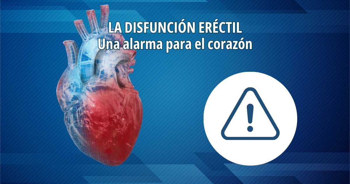 Ilustración de un corazón junto a un símbolo de alerta sobre la relación entre la disfunción eréctil y la salud cardiovascular.